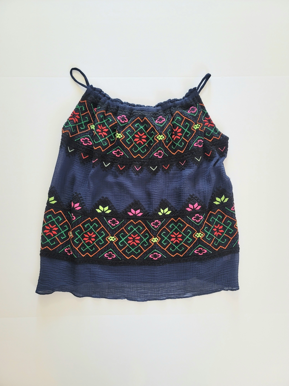 Boho Resort Embroidered Navy Cotton Camisole Tank, Size XS, Calypso St. Barth